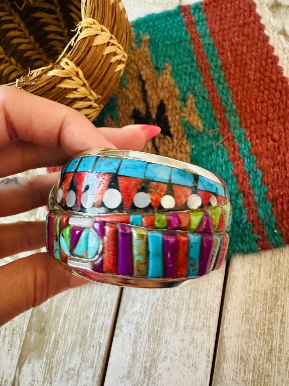 Handmade Sterling Silver Multi Stone Inlay Cuff - Picture 6 of 8